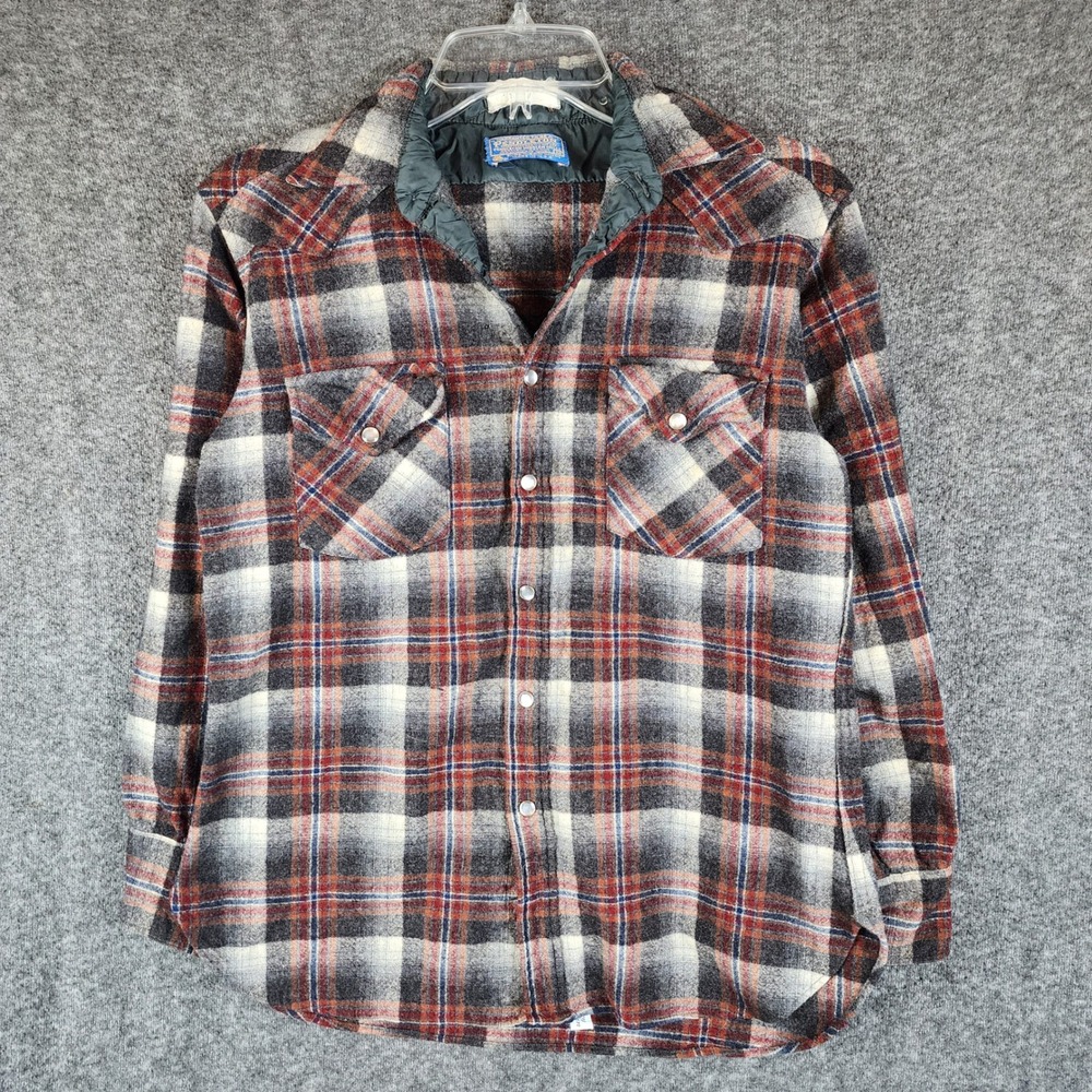 Pendleton Wool Shirt Mens M Western Pearl Snap Plaid Grey Red Blue USA EUC